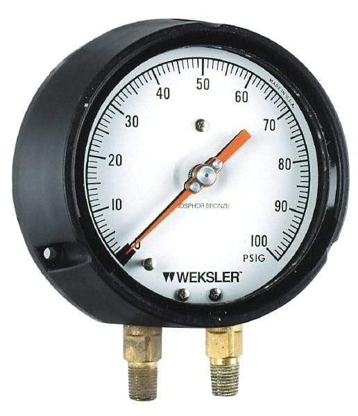 Weksler Instruments - 4-1/2" Dial, 1/4 Thread, 0-60 Scale Range, Pressure Gauge - Lower Connection, Rear Flange Connection Mount - Americas Industrial Supply
