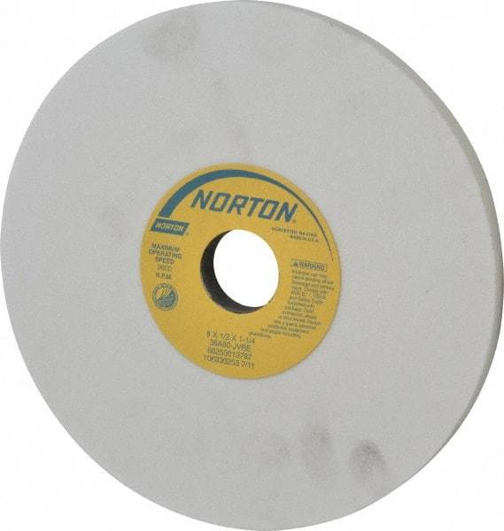 Norton - 8" Diam x 1-1/4" Hole x 1/2" Thick, J Hardness, 80 Grit Surface Grinding Wheel - Aluminum Oxide, Type 1, Medium Grade, 3,600 Max RPM, Vitrified Bond, No Recess - Americas Industrial Supply