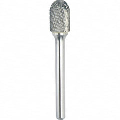 Made in USA - 3/8" Cut Diam, 1/4" Shank Diam, Cylinder with Radius Head Double Cut Burr - Carbide, Radius End, 3/4" LOC, 2-1/2" OAL - Americas Industrial Supply