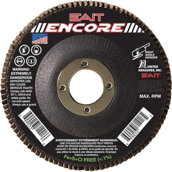 Sait - 40 Grit, 4-1/2" Disc Diam, 7/8" Center Hole, Type 27 Zirconia Alumina Flap Disc - 13,300 Max RPM, Fiberglass Backing, Arbor Attaching System, Coated - Americas Industrial Supply