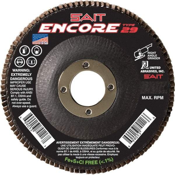 Sait - 120 Grit, 4-1/2" Disc Diam, 7/8" Center Hole, Type 27 Zirconia Alumina Flap Disc - 13,300 Max RPM, Fiberglass Backing, Arbor Attaching System, Coated - Americas Industrial Supply