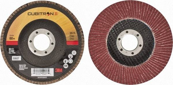 3M - 80 Grit, 4-1/2" Disc Diam, 7/8" Center Hole, Type 27 Ceramic Flap Disc - 13,300 Max RPM, Cloth Backing, Arbor Attaching System, Coated - Americas Industrial Supply