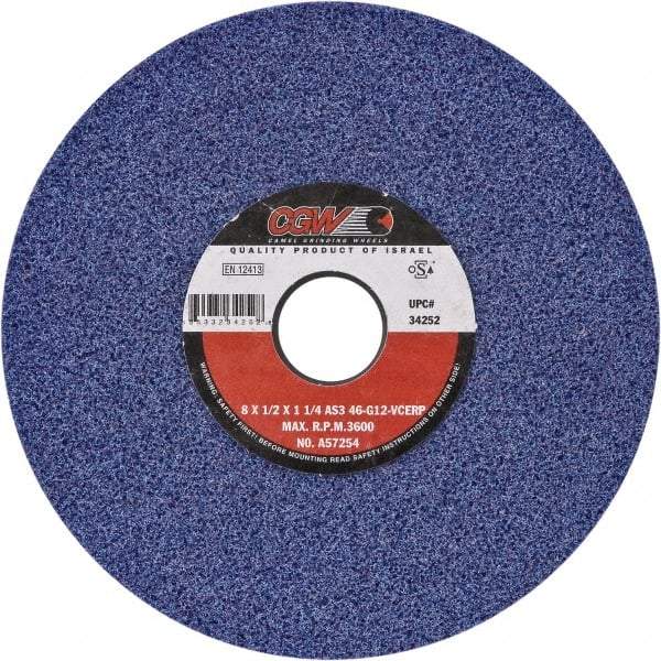 Camel Grinding Wheels - 8" Diam x 1-1/4" Hole x 1/2" Thick, G Hardness, 46 Grit Surface Grinding Wheel - Ceramic, Type 1, Medium Grade, Vitrified Bond, No Recess - Americas Industrial Supply