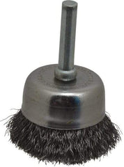 Made in USA - 1-3/4" Diam, 1/4" Shank Crimped Wire Steel Cup Brush - 0.008" Filament Diam, 3/4" Trim Length, 13,000 Max RPM - Americas Industrial Supply