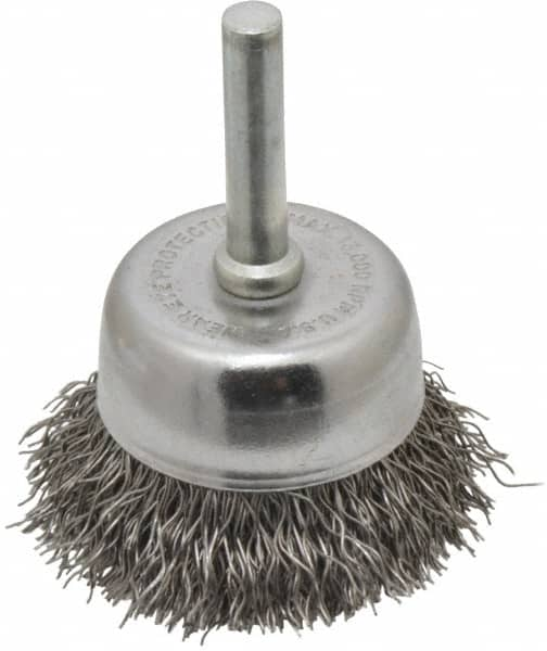 Made in USA - 1-3/4" Diam, 1/4" Shank Crimped Wire Steel Cup Brush - 0.014" Filament Diam, 3/4" Trim Length, 13,000 Max RPM - Americas Industrial Supply