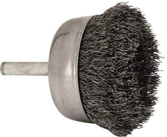 Made in USA - 2-1/4" Diam, 1/4" Shank Crimped Wire Steel Cup Brush - 0.0104" Filament Diam, 5/8" Trim Length, 13,000 Max RPM - Americas Industrial Supply