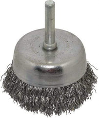 Made in USA - 2-1/4" Diam, 1/4" Shank Crimped Wire Steel Cup Brush - 0.014" Filament Diam, 5/8" Trim Length, 13,000 Max RPM - Americas Industrial Supply