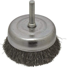 Made in USA - 2-3/4" Diam, 1/4" Shank Crimped Wire Steel Cup Brush - 0.008" Filament Diam, 7/8" Trim Length, 13,000 Max RPM - Americas Industrial Supply