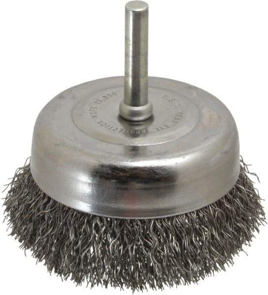 Made in USA - 2-3/4" Diam, 1/4" Shank Crimped Wire Steel Cup Brush - 0.0118" Filament Diam, 7/8" Trim Length, 13,000 Max RPM - Americas Industrial Supply