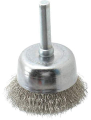 Made in USA - 1-3/4" Diam, 1/4" Shank Crimped Wire Stainless Steel Cup Brush - 0.006" Filament Diam, 3/4" Trim Length, 13,000 Max RPM - Americas Industrial Supply