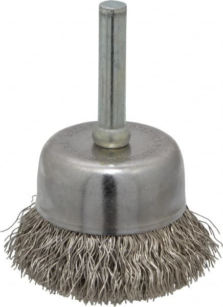 Made in USA - 1-3/4" Diam, 1/4" Shank Crimped Wire Stainless Steel Cup Brush - 0.0118" Filament Diam, 3/4" Trim Length, 13,000 Max RPM - Americas Industrial Supply