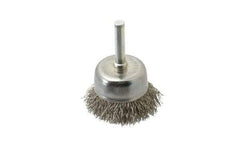 Made in USA - 1-3/4" Diam, 1/4" Shank Crimped Wire Stainless Steel Cup Brush - 0.014" Filament Diam, 3/4" Trim Length, 13,000 Max RPM - Americas Industrial Supply