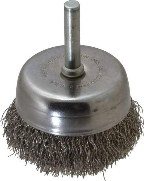 Made in USA - 2-1/4" Diam, 1/4" Shank Crimped Wire Stainless Steel Cup Brush - 0.0118" Filament Diam, 5/8" Trim Length, 13,000 Max RPM - Americas Industrial Supply