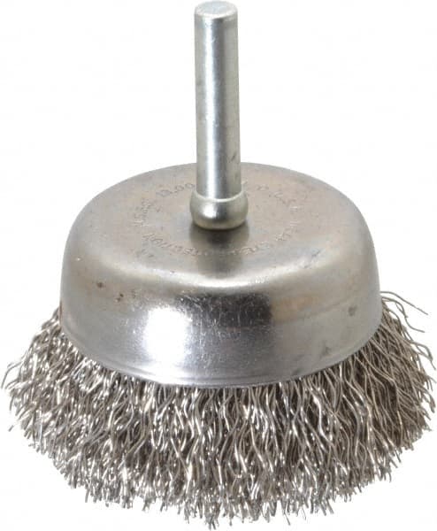 Made in USA - 2-1/4" Diam, 1/4" Shank Crimped Wire Stainless Steel Cup Brush - 0.014" Filament Diam, 5/8" Trim Length, 13,000 Max RPM - Americas Industrial Supply