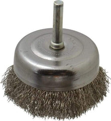 Made in USA - 2-3/4" Diam, 1/4" Shank Crimped Wire Stainless Steel Cup Brush - 0.0118" Filament Diam, 7/8" Trim Length, 13,000 Max RPM - Americas Industrial Supply