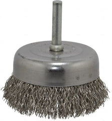 Made in USA - 2-3/4" Diam, 1/4" Shank Crimped Wire Stainless Steel Cup Brush - 0.014" Filament Diam, 7/8" Trim Length, 13,000 Max RPM - Americas Industrial Supply