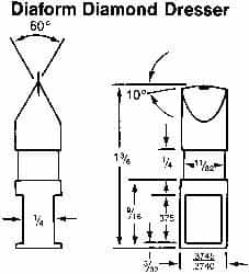 Made in USA - 0.015" Radius Single Point Diaform Diamond Dresser - 1-3/4" Long x 1/4" Shank Diam, 60° Included Angle - Americas Industrial Supply