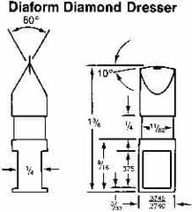 Made in USA - 0.015" Radius Single Point Diaform Diamond Dresser - 1-3/8" Long x 1/4" Shank Diam, 60° Included Angle - Americas Industrial Supply