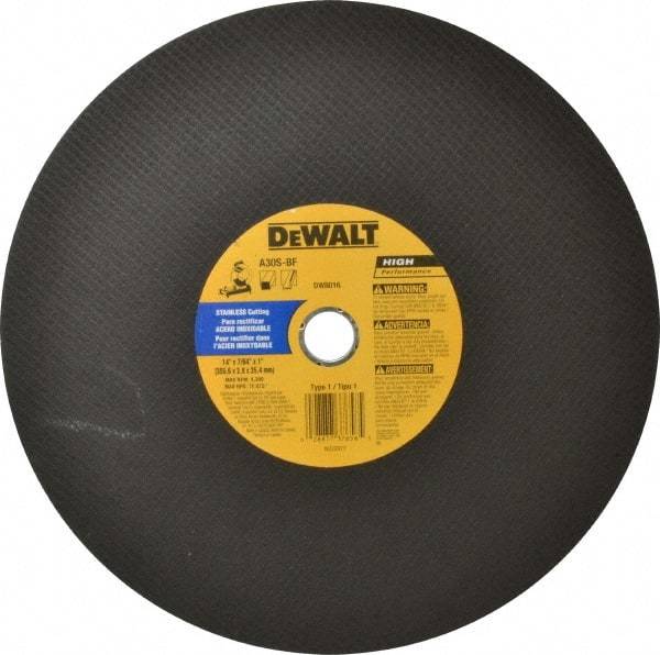 DeWALT - 14" Aluminum Oxide Cutoff Wheel - 7/64" Thick, 1" Arbor, 4,300 Max RPM, Use with Stationary Tools - Americas Industrial Supply