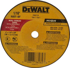 DeWALT - 4" 60 Grit Aluminum Oxide Cutoff Wheel - 1/16" Thick, 3/8" Arbor, 19,000 Max RPM, Use with Circular Saws - Americas Industrial Supply