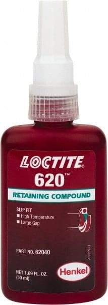 Loctite - 50 mL Bottle, Green, Medium Strength Liquid Retaining Compound - Series 620, 24 hr Full Cure Time, Heat Removal - Americas Industrial Supply