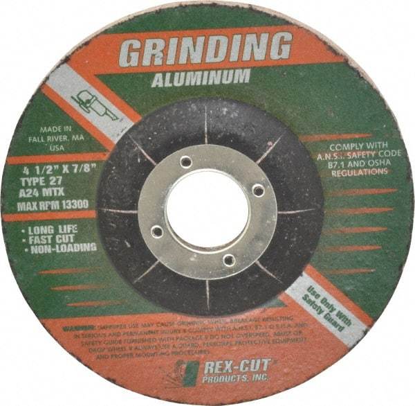 Rex Cut Product - 24 Grit, 4-1/2" Wheel Diam, 1/4" Wheel Thickness, 7/8" Arbor Hole, Type 27 Depressed Center Wheel - Aluminum Oxide, Resinoid Bond, 13,300 Max RPM, Compatible with Angle Grinder - Americas Industrial Supply