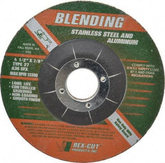 Rex Cut Product - 36 Grit, 4-1/2" Wheel Diam, 1/4" Wheel Thickness, 7/8" Arbor Hole, Type 27 Depressed Center Wheel - Aluminum Oxide, Rubber Bond, 13,300 Max RPM, Compatible with Angle Grinder - Americas Industrial Supply