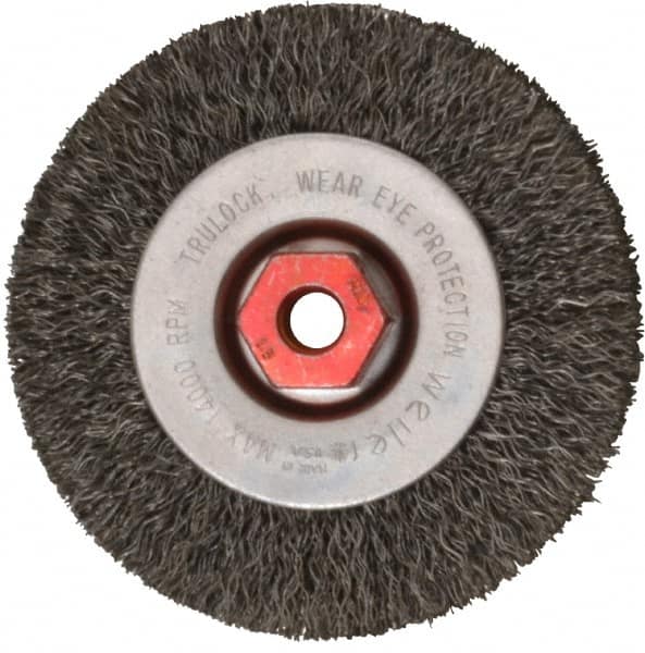 Weiler - 4" OD, M10x1.50 Arbor Hole, Crimped Steel Wheel Brush - 1/2" Face Width, 7/8" Trim Length, 0.014" Filament Diam, 14,000 RPM - Americas Industrial Supply