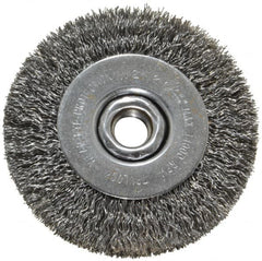 Weiler - 4" OD, 5/8-11 Arbor Hole, Crimped Steel Wheel Brush - 1/2" Face Width, 7/8" Trim Length, 0.014" Filament Diam, 14,000 RPM - Americas Industrial Supply