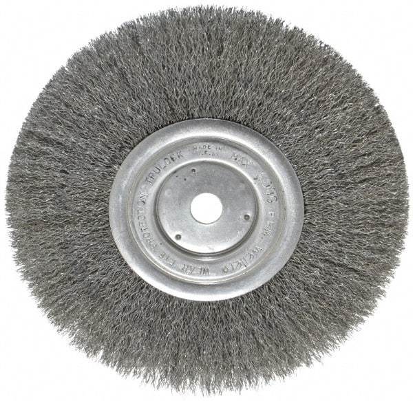 Weiler - 8" OD, 5/8" Arbor Hole, Crimped Steel Wheel Brush - 3/4" Face Width, 2-1/16" Trim Length, 0.0104" Filament Diam, 6,000 RPM - Americas Industrial Supply