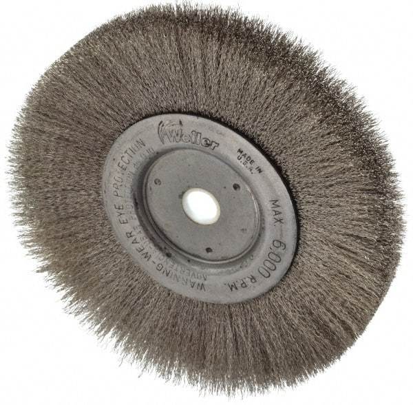 Weiler - 6" OD, 5/8" Arbor Hole, Crimped Stainless Steel Wheel Brush - 3/4" Face Width, 1-7/16" Trim Length, 0.006" Filament Diam, 6,000 RPM - Americas Industrial Supply