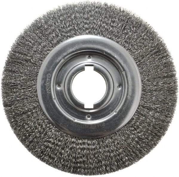 Weiler - 10" OD, 2" Arbor Hole, Crimped Steel Wheel Brush - 1-1/8" Face Width, 2" Trim Length, 0.014" Filament Diam, 3,600 RPM - Americas Industrial Supply