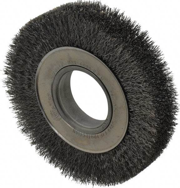 Weiler - 6" OD, 2" Arbor Hole, Crimped Steel Wheel Brush - 1-1/4" Face Width, 1-1/8" Trim Length, 0.0104" Filament Diam, 6,000 RPM - Americas Industrial Supply