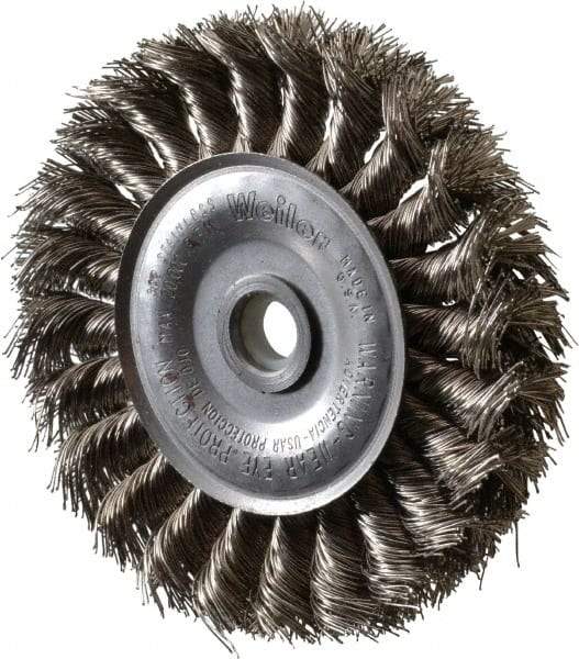 Weiler - 4" OD, 1/2" Arbor Hole, Knotted Stainless Steel Wheel Brush - 1/2" Face Width, 7/8" Trim Length, 0.014" Filament Diam, 20,000 RPM - Americas Industrial Supply