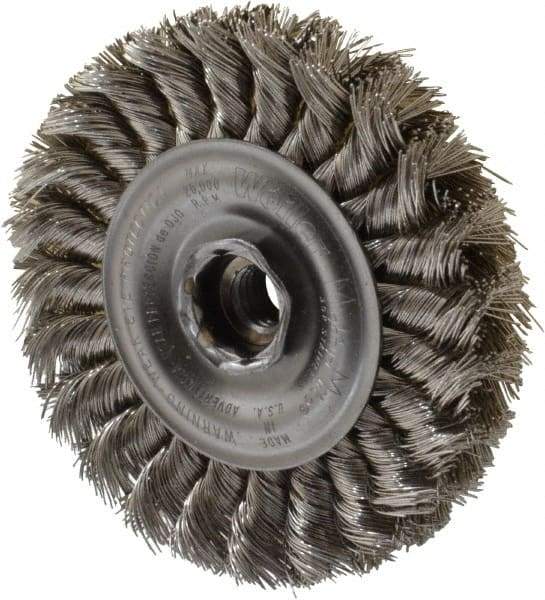 Weiler - 4" OD, 1/2-13 Arbor Hole, Knotted Stainless Steel Wheel Brush - 1/2" Face Width, 7/8" Trim Length, 0.014" Filament Diam, 20,000 RPM - Americas Industrial Supply