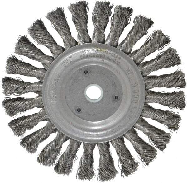 Weiler - 6" OD, 5/8" Arbor Hole, Knotted Steel Wheel Brush - 1/2" Face Width, 1-3/8" Trim Length, 0.0118" Filament Diam, 9,000 RPM - Americas Industrial Supply