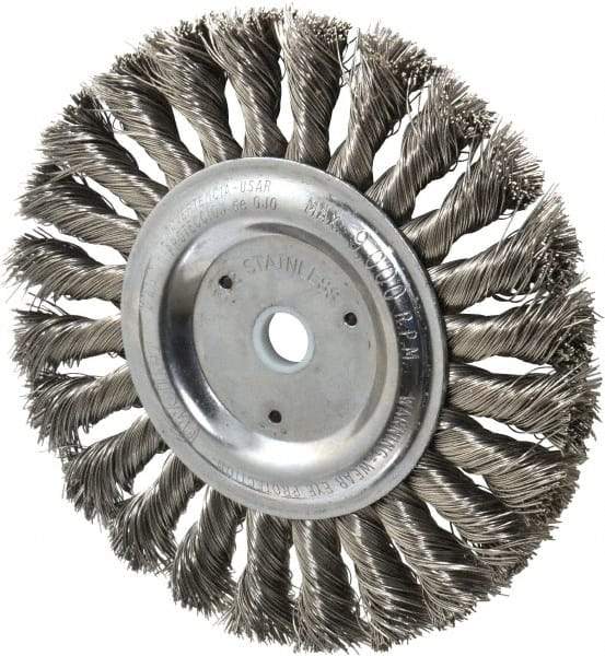 Weiler - 6" OD, 5/8" Arbor Hole, Knotted Stainless Steel Wheel Brush - 1/2" Face Width, 1-3/8" Trim Length, 0.016" Filament Diam, 9,000 RPM - Americas Industrial Supply