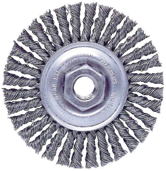 Weiler - 4" OD, M10x1.50 Arbor Hole, Knotted Steel Wheel Brush - 3/16" Face Width, 7/8" Trim Length, 0.02" Filament Diam, 20,000 RPM - Americas Industrial Supply