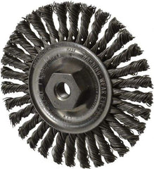 Weiler - 4" OD, 3/8-24 Arbor Hole, Knotted Steel Wheel Brush - 3/16" Face Width, 7/8" Trim Length, 0.02" Filament Diam, 20,000 RPM - Americas Industrial Supply