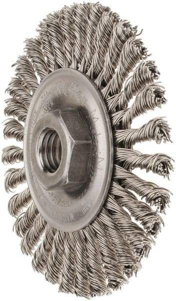 Weiler - 4" OD, 5/8-11 Arbor Hole, Knotted Stainless Steel Wheel Brush - 3/16" Face Width, 7/8" Trim Length, 0.02" Filament Diam, 20,000 RPM - Americas Industrial Supply