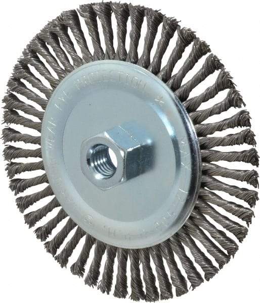 Weiler - 6" OD, 5/8-11 Arbor Hole, Knotted Steel Wheel Brush - 3/16" Face Width, 1-3/8" Trim Length, 0.02" Filament Diam, 12,500 RPM - Americas Industrial Supply