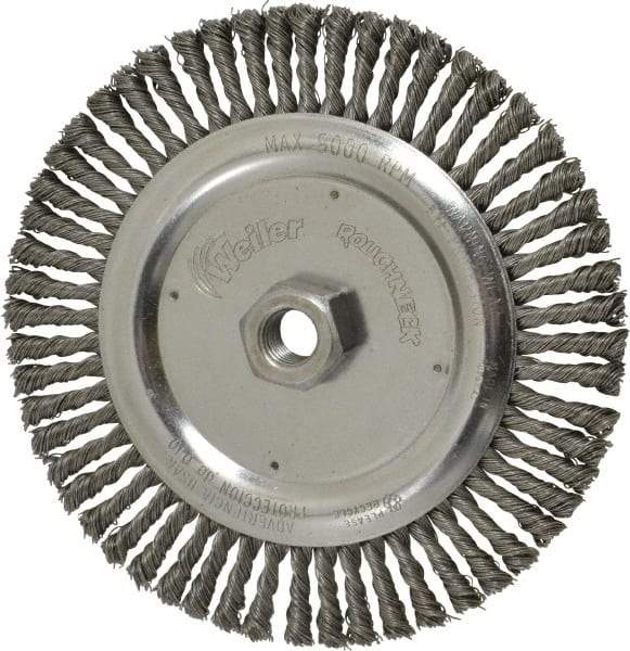 Weiler - 6-7/8" OD, 5/8-11 Arbor Hole, Knotted Steel Wheel Brush - 3/16" Face Width, 1-1/8" Trim Length, 0.02" Filament Diam, 9,000 RPM - Americas Industrial Supply