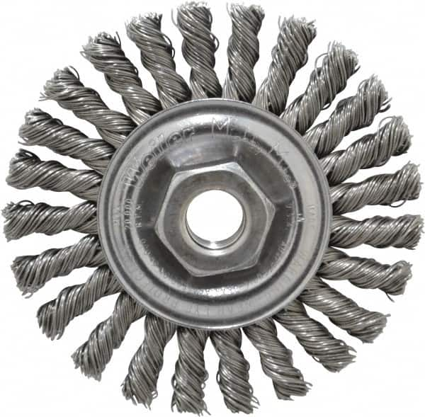 Weiler - 4" OD, 5/8-11 Arbor Hole, Knotted Steel Wheel Brush - 1/4" Face Width, 7/8" Trim Length, 0.02" Filament Diam, 20,000 RPM - Americas Industrial Supply