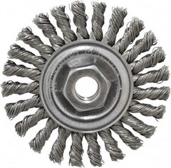 Weiler - 4" OD, 5/8-11 Arbor Hole, Knotted Steel Wheel Brush - 1/4" Face Width, 7/8" Trim Length, 0.02" Filament Diam, 20,000 RPM - Americas Industrial Supply