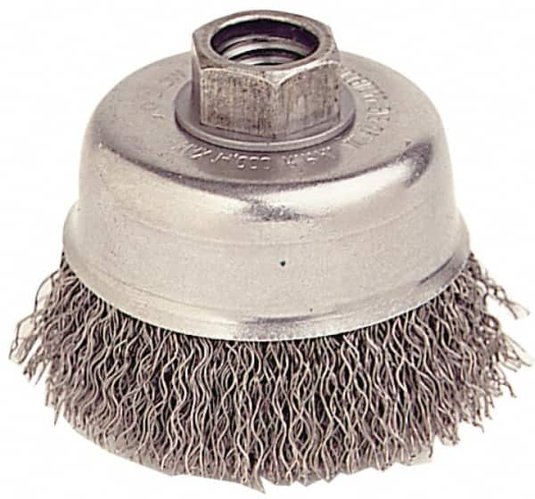 Weiler - 3-1/2" Diam, 1/2-13 Threaded Arbor, Stainless Steel Fill Cup Brush - 0.014 Wire Diam, 7/8" Trim Length, 12,000 Max RPM - Americas Industrial Supply