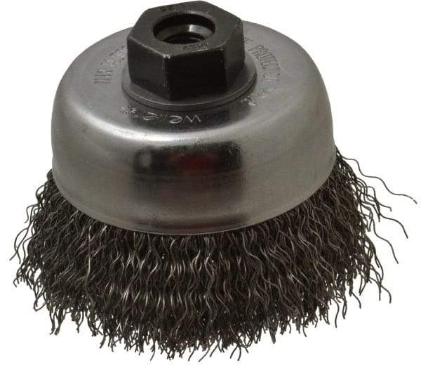 Weiler - 3" Diam, M10x1.25 Threaded Arbor, Steel Fill Cup Brush - 0.014 Wire Diam, 7/8" Trim Length, 14,000 Max RPM - Americas Industrial Supply