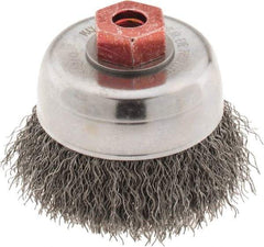 Weiler - 3" Diam, M10x1.50 Threaded Arbor, Steel Fill Cup Brush - 0.014 Wire Diam, 7/8" Trim Length, 14,000 Max RPM - Americas Industrial Supply