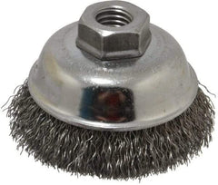 Weiler - 3-1/2" Diam, 5/8-11 Threaded Arbor, Steel Fill Cup Brush - 0.014 Wire Diam, 7/8" Trim Length, 12,000 Max RPM - Americas Industrial Supply