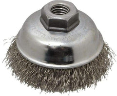 Weiler - 3-1/2" Diam, 5/8-11 Threaded Arbor, Stainless Steel Fill Cup Brush - 0.014 Wire Diam, 7/8" Trim Length, 12,000 Max RPM - Americas Industrial Supply