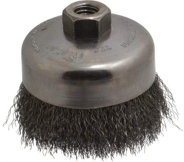 Weiler - 4" Diam, 5/8-11 Threaded Arbor, Steel Fill Cup Brush - 0.0118 Wire Diam, 1-3/8" Trim Length, 9,000 Max RPM - Americas Industrial Supply